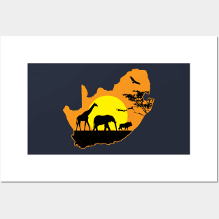 South Africa Safari Savannah Sunset Giraffe Elephant Wildebeest Posters and Art